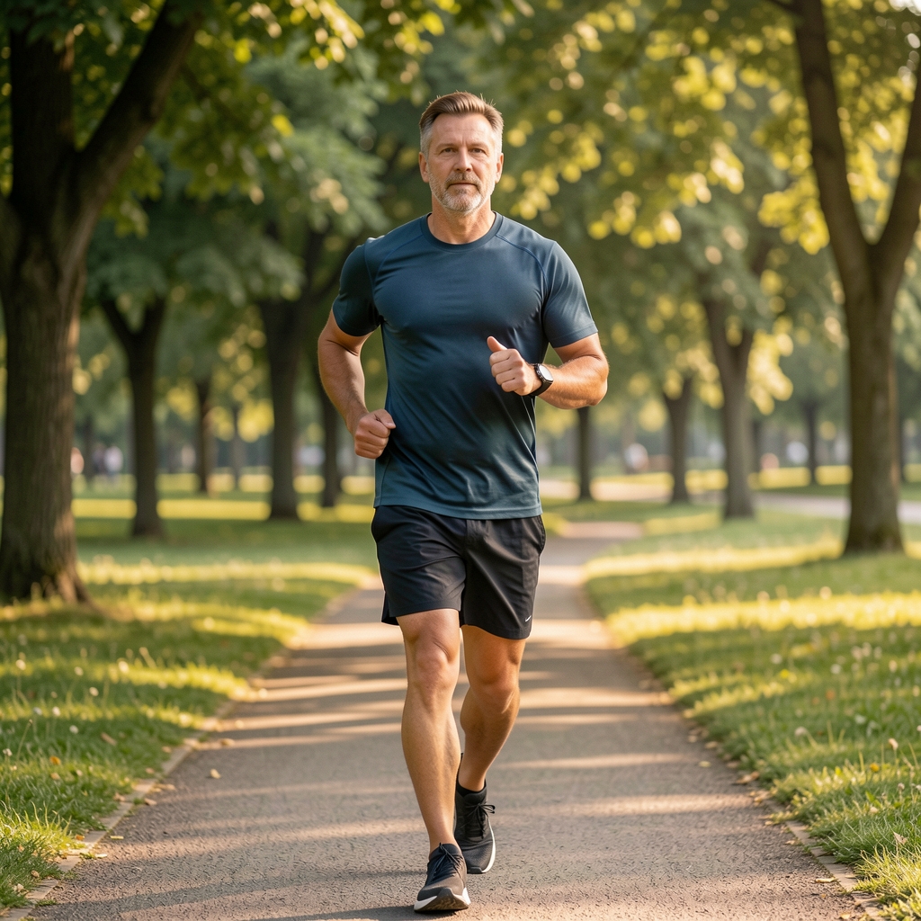 Zdrowy mężczyzna w średnim wieku podczas porannego joggingu w parku, naturalne oświetlenie, spokojny ton