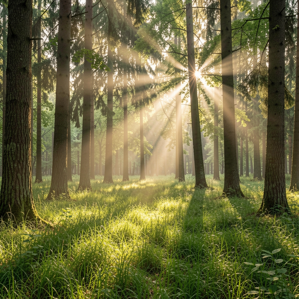Spokojny poranek w lesie, promienie słońca przebijające się przez korony drzew, zielona trawa, atmosfera spokoju