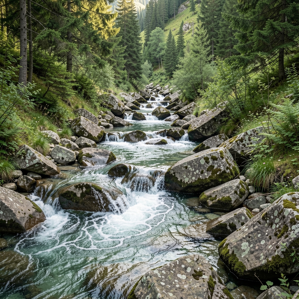 Górski strumień wśród kamieni i zieleni, czysta woda, naturalne światło, spokojny krajobraz